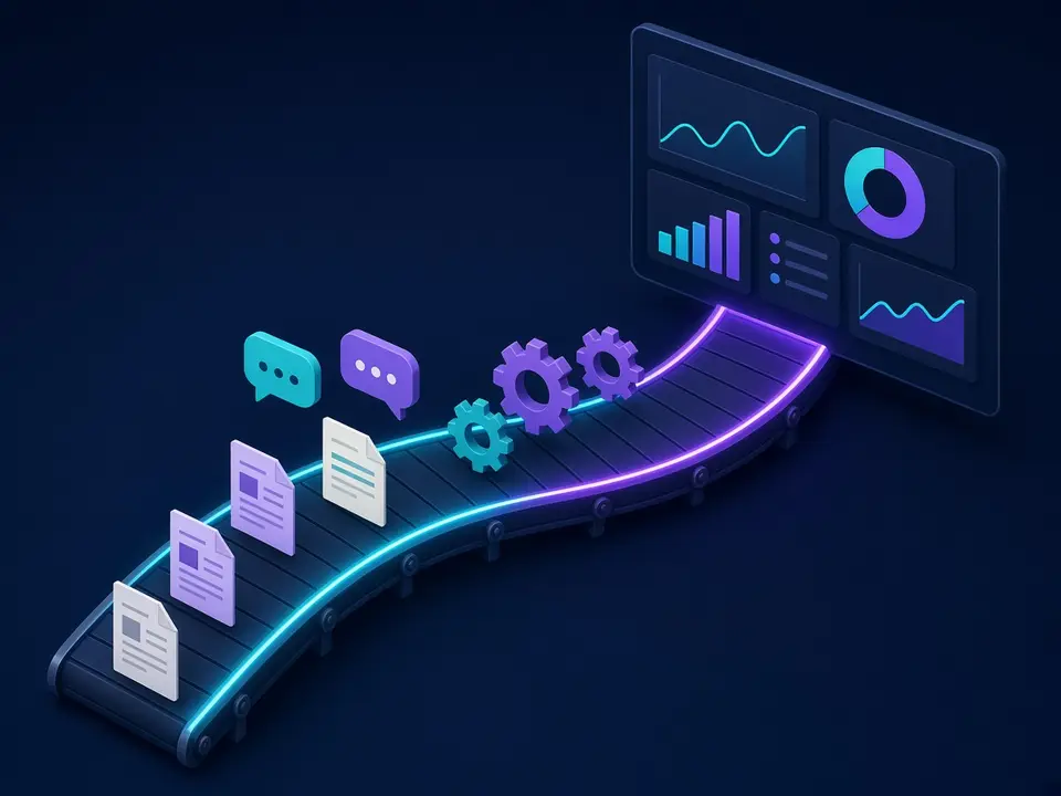 Illustration of documents and chat bubbles travelling along a glowing conveyor, through gears, into a dashboard of charts
