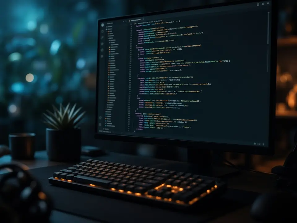 A dark monitor showing a code editor, with a backlit keyboard in front of it