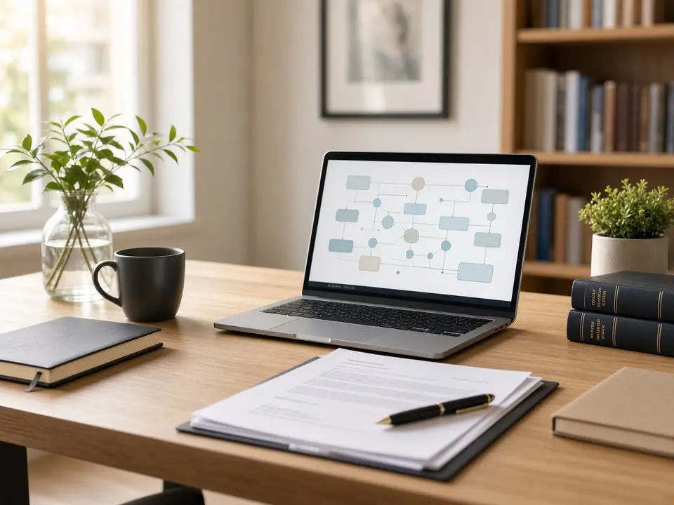 A bright, tidy law-office desk with a laptop showing a workflow diagram, a stack of papers with a pen, and law books on a shelf